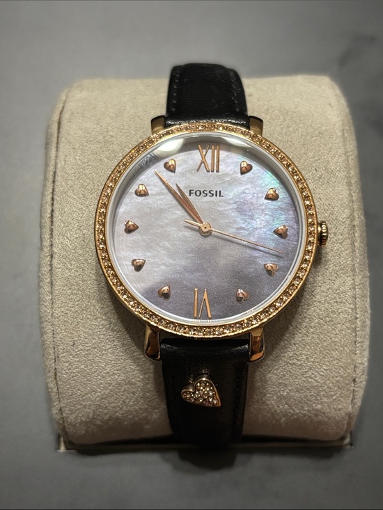 Fossil Accessories - Fossil Rose Gold-Tone Watch with Mother-of-Pearl Dial and Black Strap